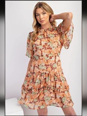 Easel Floral Patchwork Ruffle Dress Open Back Ties At Neck